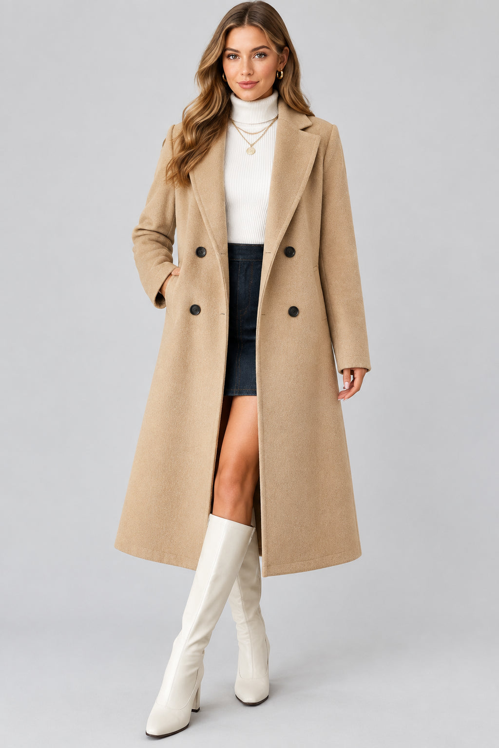 women’s long coat, women’s double-breasted coat, women’s lapel coat, women’s autumn coat, women’s winter coat, longline women’s coat, classic women’s outerwear, tailored women’s coat, women’s commuter coat, women’s casual coat, women’s seasonal outerwear, women’s long sleeve coat, elegant women’s coat, women’s everyday outerwear, champagne coat for women