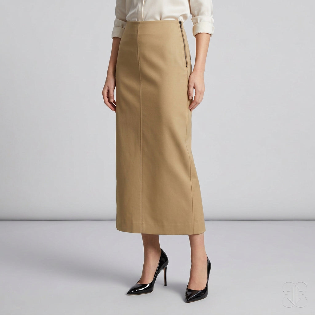 Women's khaki tailored coat and midi skirt separates from GoSobiShop Boutique