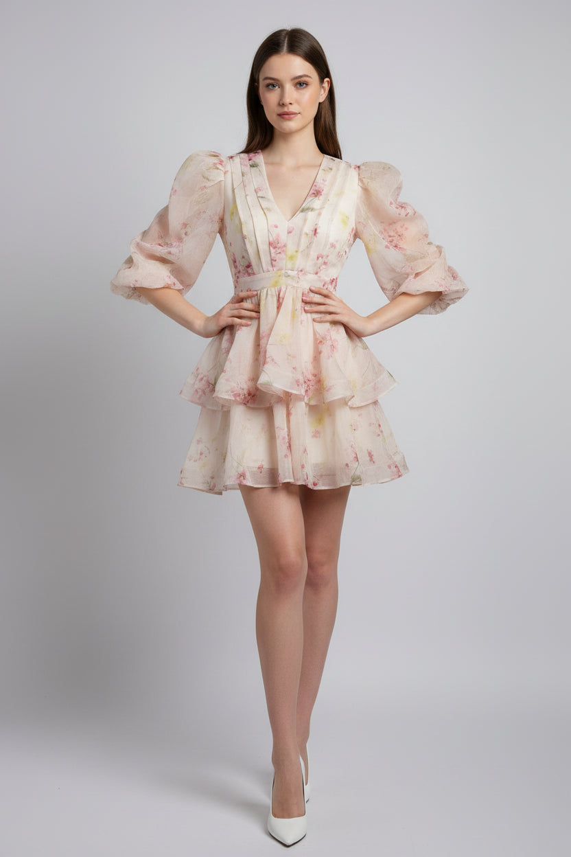 Elegant Floral Mini Dress Woman Fashion Stand Collar Flare Sleeve Waist Lace Up Ruffle Hem Dresses 2026 Summer Beach Vestidos