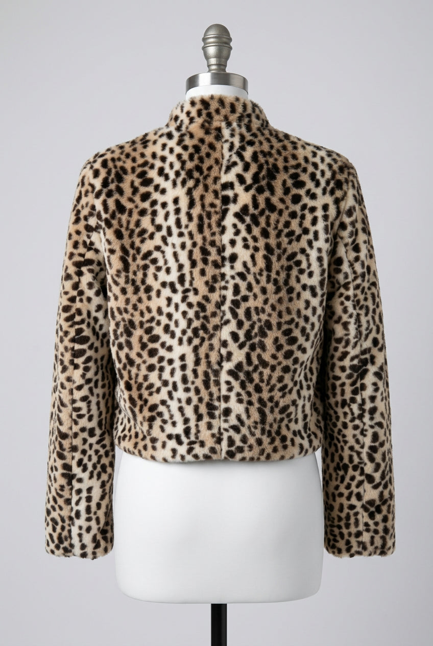 Leopard-print faux fur jacket with a vintage-inspired cropped silhouette