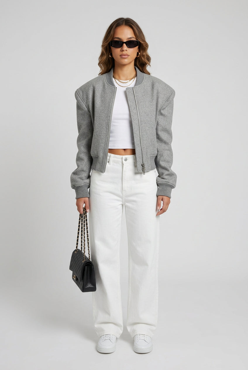 Gray jacket showing the double-zip front closure