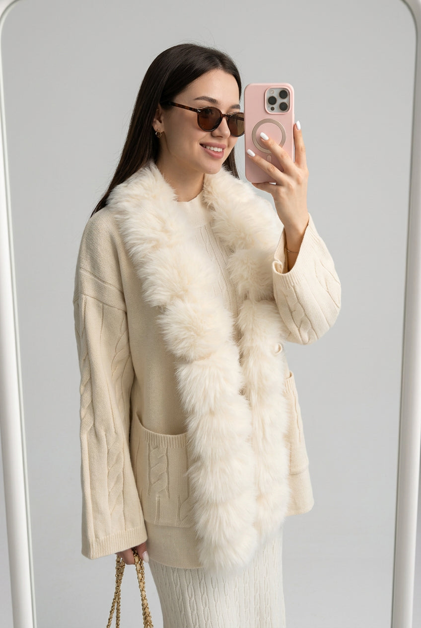 Full view of the cable-knit faux-fur-trim cardigan