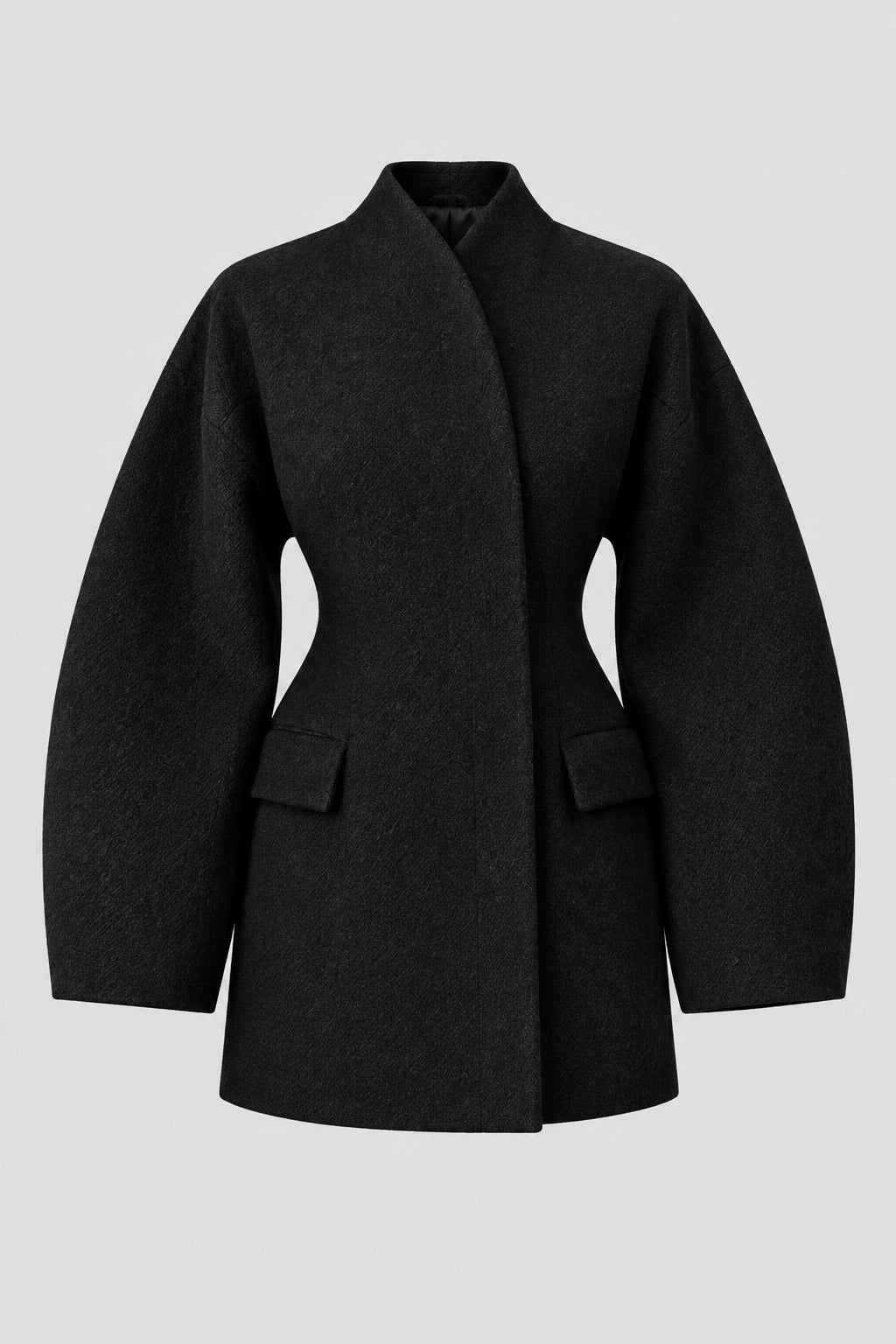 Women's black V-neck coat
Women's white V-neck coat
Women's coat with covered-button closure
Close-up of women's V-neck coat
Women's black coat front view
Women's white coat front view
Women's coat styled with trousers
Women's coat styled with jeans
Women's coat with full-length sleeves