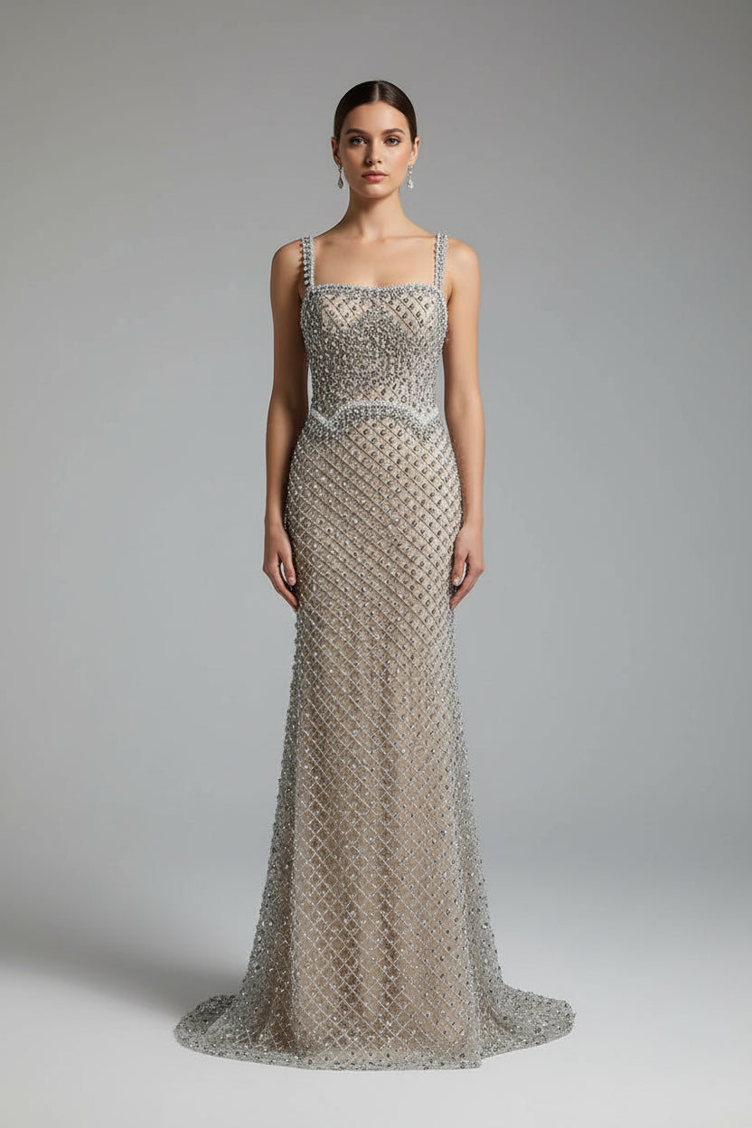 Lux silver beaded mermaid evening dress.