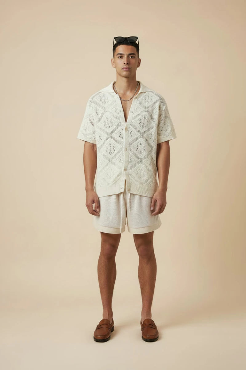 Crochet style short sleeve button-up shirt with a diamond pattern design. - GoSobiShop Boutique