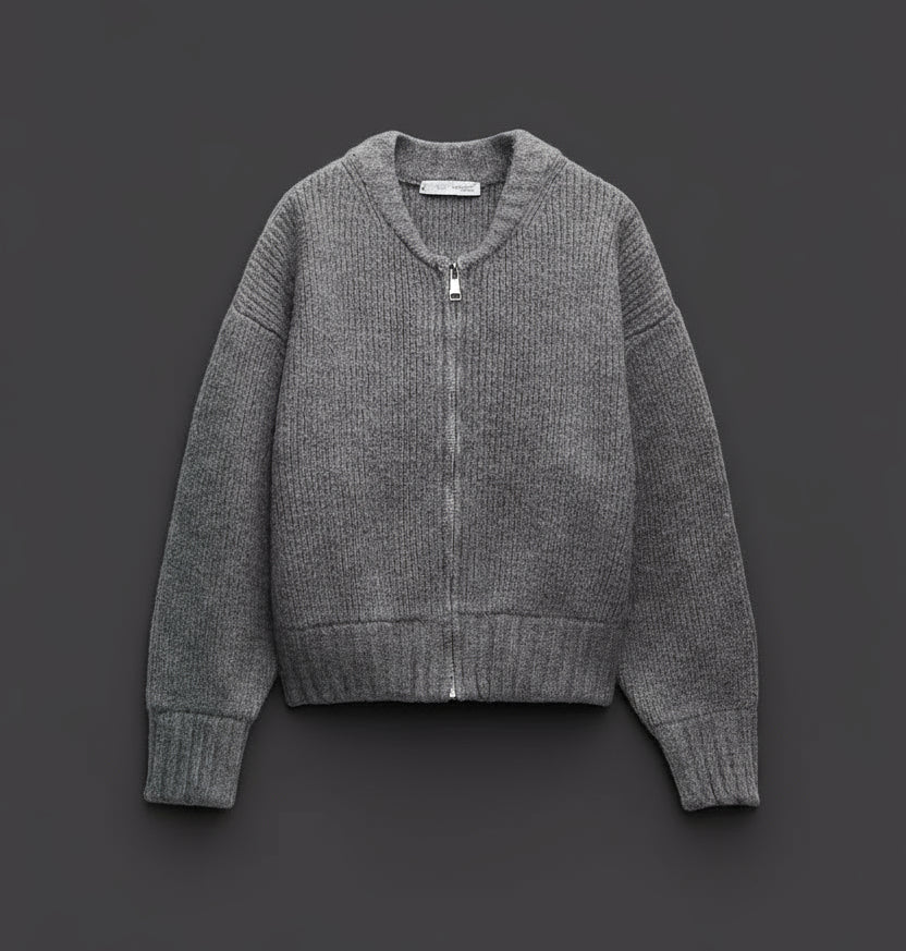 Gray Knitted Zipper Cardigan Sweater Fall Tops. - GoSobiShop Boutique