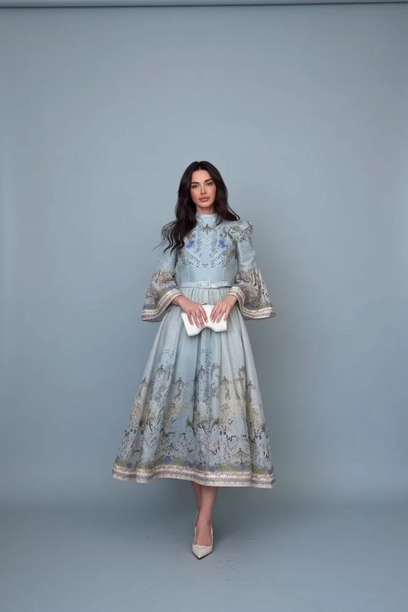 High-Neck Floral Midi Dress – Belted Waist & Bell Sleeve Occasion Dress - GoSobiShop Boutique
