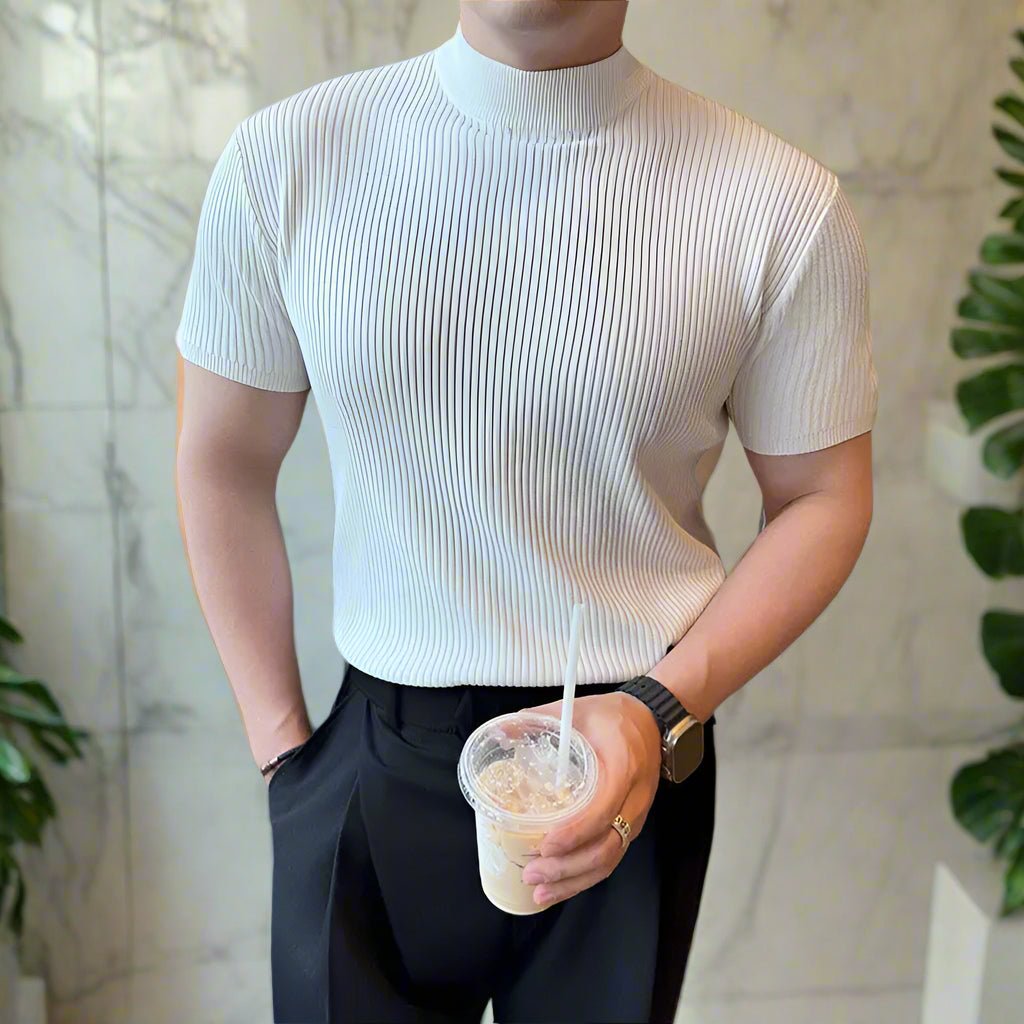 Knit ribbed muscle fit mock neck classy t-shirt - GoSobiShop Boutique