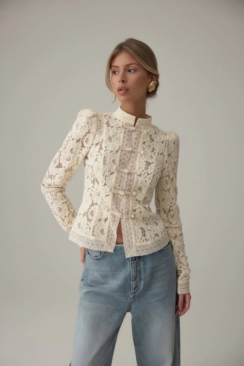 Lace blouse with intricate floral embroidery and frog button closures. - GoSobiShop Boutique