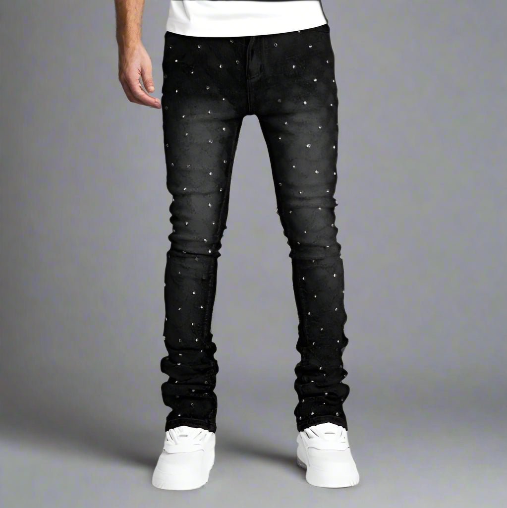 Rhinestones slim fit flared denim jeans street wear - GoSobiShop Boutique