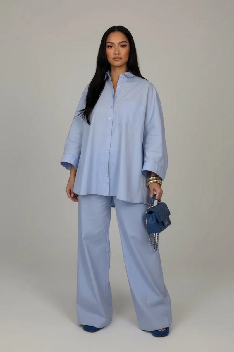 Satin striped oversized shirt and wide legs pants set. - GoSobiShop Boutique
