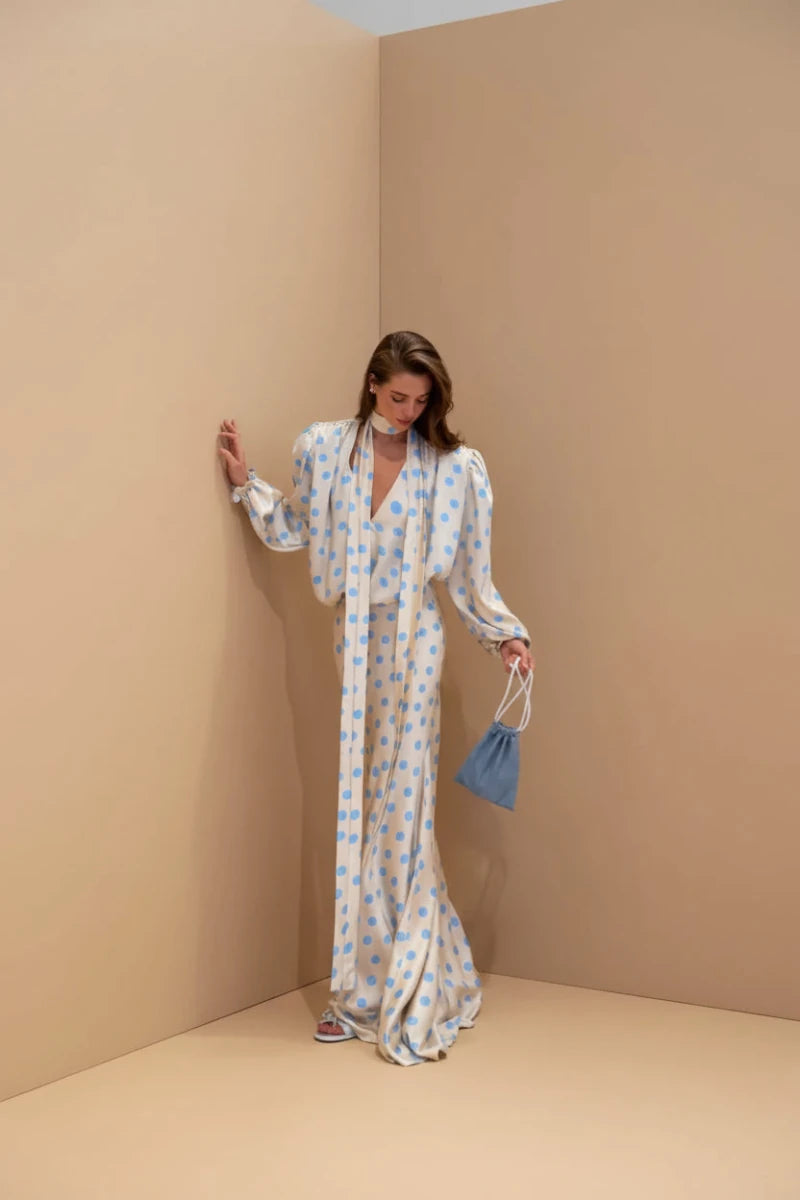 Stacy satin polka dot long sleeves maxi dress. - GoSobiShop Boutique