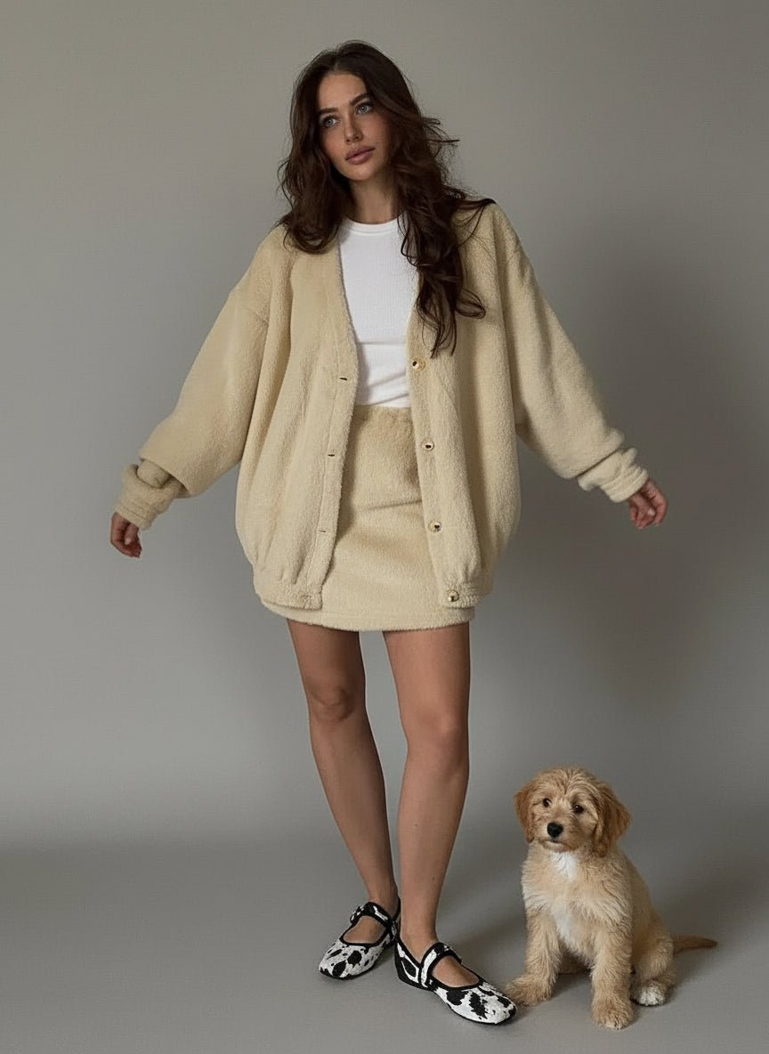 V - neck knit cardigan loose sweater matching skirt 2 piece winter outfit. - GoSobiShop Boutique