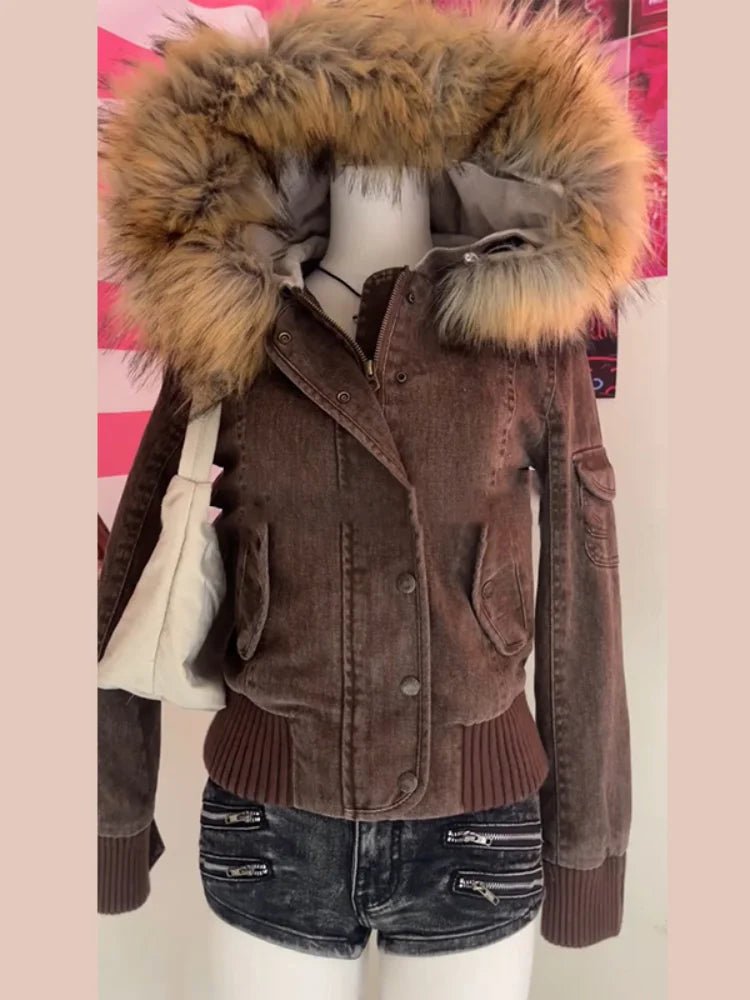Vintage 2000's era fur brown hoodie winter jacket. - GoSobiShop Boutique