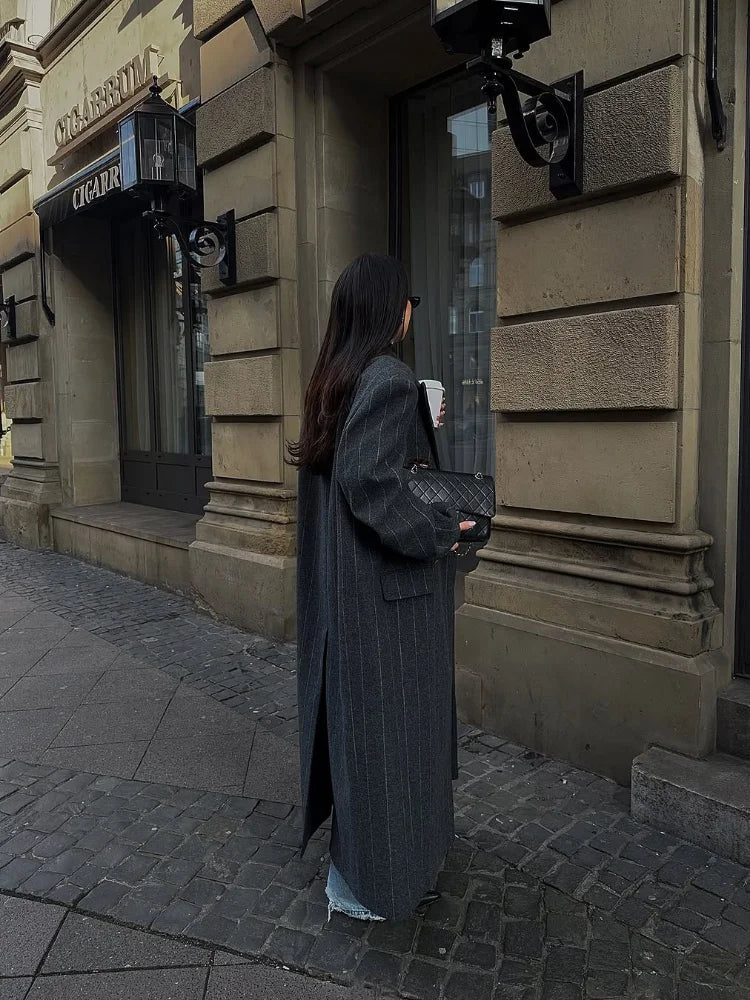 Wide shoulders pinstripe gray trench coat. - GoSobiShop Boutique
