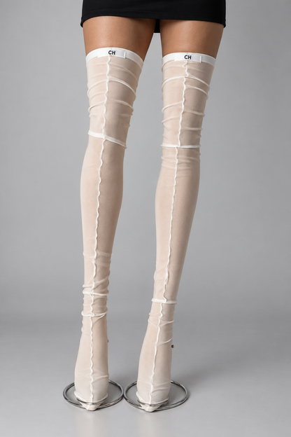 Product photo of Elara Sheer Back-Seam Thigh-High Stockings.