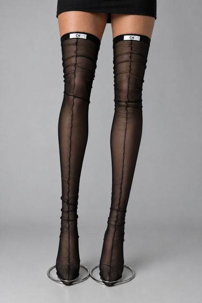Product photo of Elara Sheer Back-Seam Thigh-High Stockings.