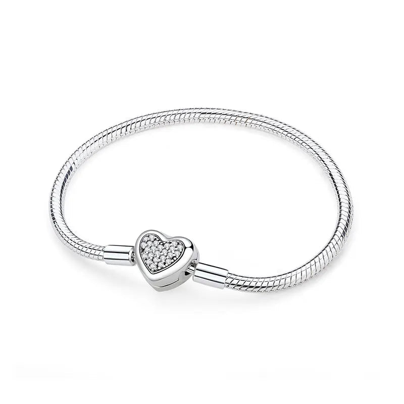 925 Sterling Silver Bracelets Bangles Love Heart Clip Charms Beads Snake Chains. - GoSobiShop Boutique