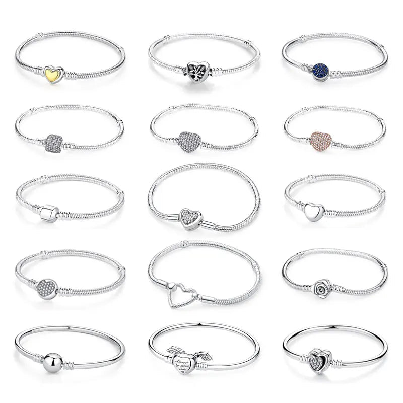 925 Sterling Silver Bracelets Bangles Love Heart Clip Charms Beads Snake Chains. - GoSobiShop Boutique