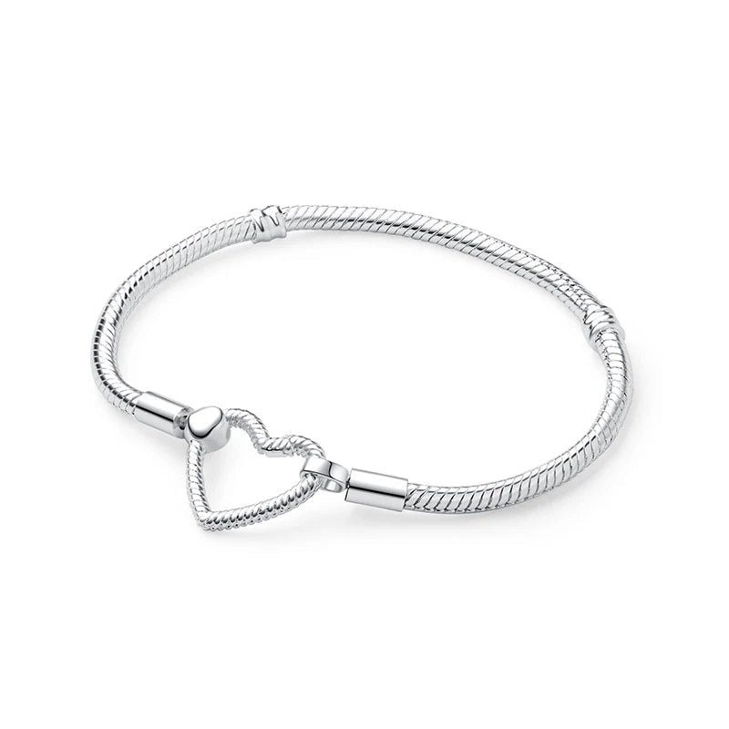 925 Sterling Silver Bracelets Bangles Love Heart Clip Charms Beads Snake Chains. - GoSobiShop Boutique