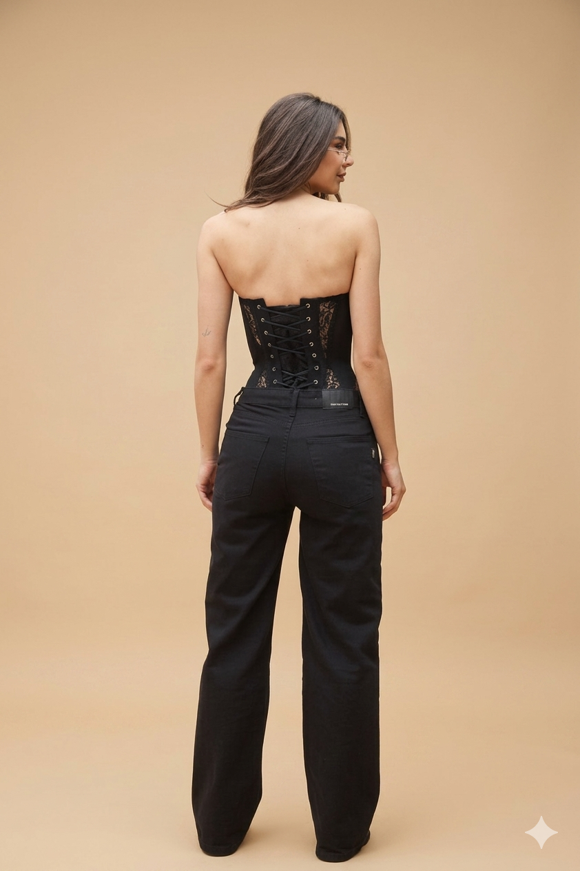 Woman wearing black strapless lace corset top
Structured floral lace corset front view
Strapless bustier side profile
Lace corset fabric detail close-up
Black corset styled with jeans
Elegant corset outfit inspiration
Back view structured corset
Lace corset night outfit