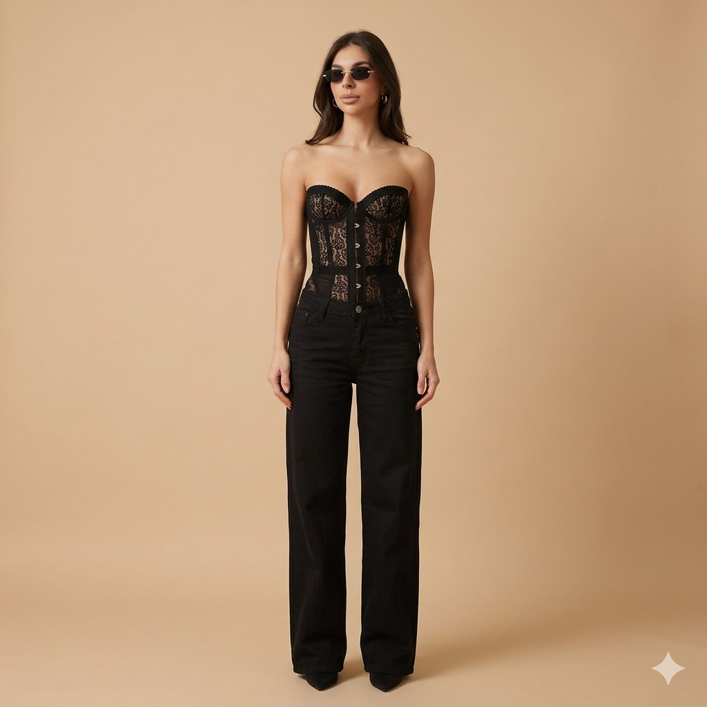 Woman wearing black strapless lace corset top
Structured floral lace corset front view
Strapless bustier side profile
Lace corset fabric detail close-up
Black corset styled with jeans
Elegant corset outfit inspiration
Back view structured corset
Lace corset night outfit