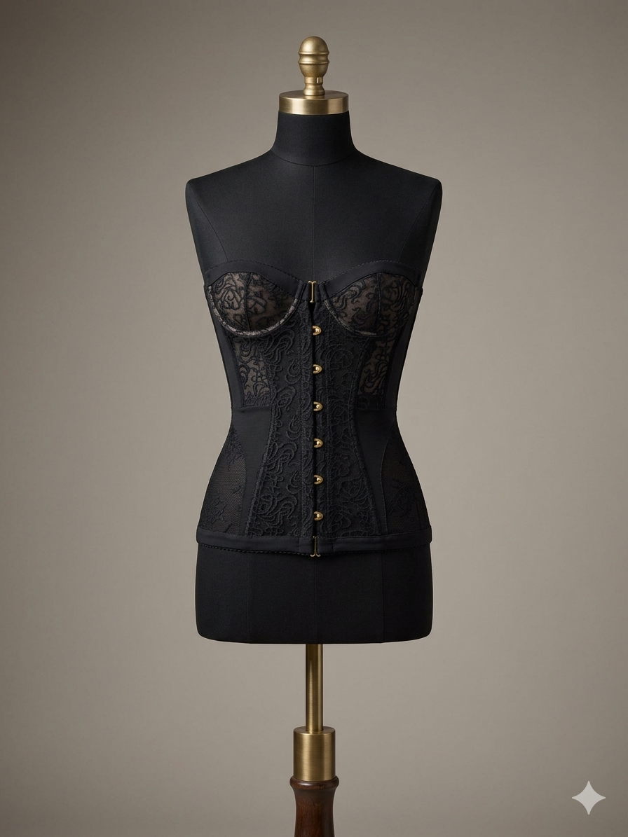 Woman wearing black strapless lace corset top
Structured floral lace corset front view
Strapless bustier side profile
Lace corset fabric detail close-up
Black corset styled with jeans
Elegant corset outfit inspiration
Back view structured corset
Lace corset night outfit