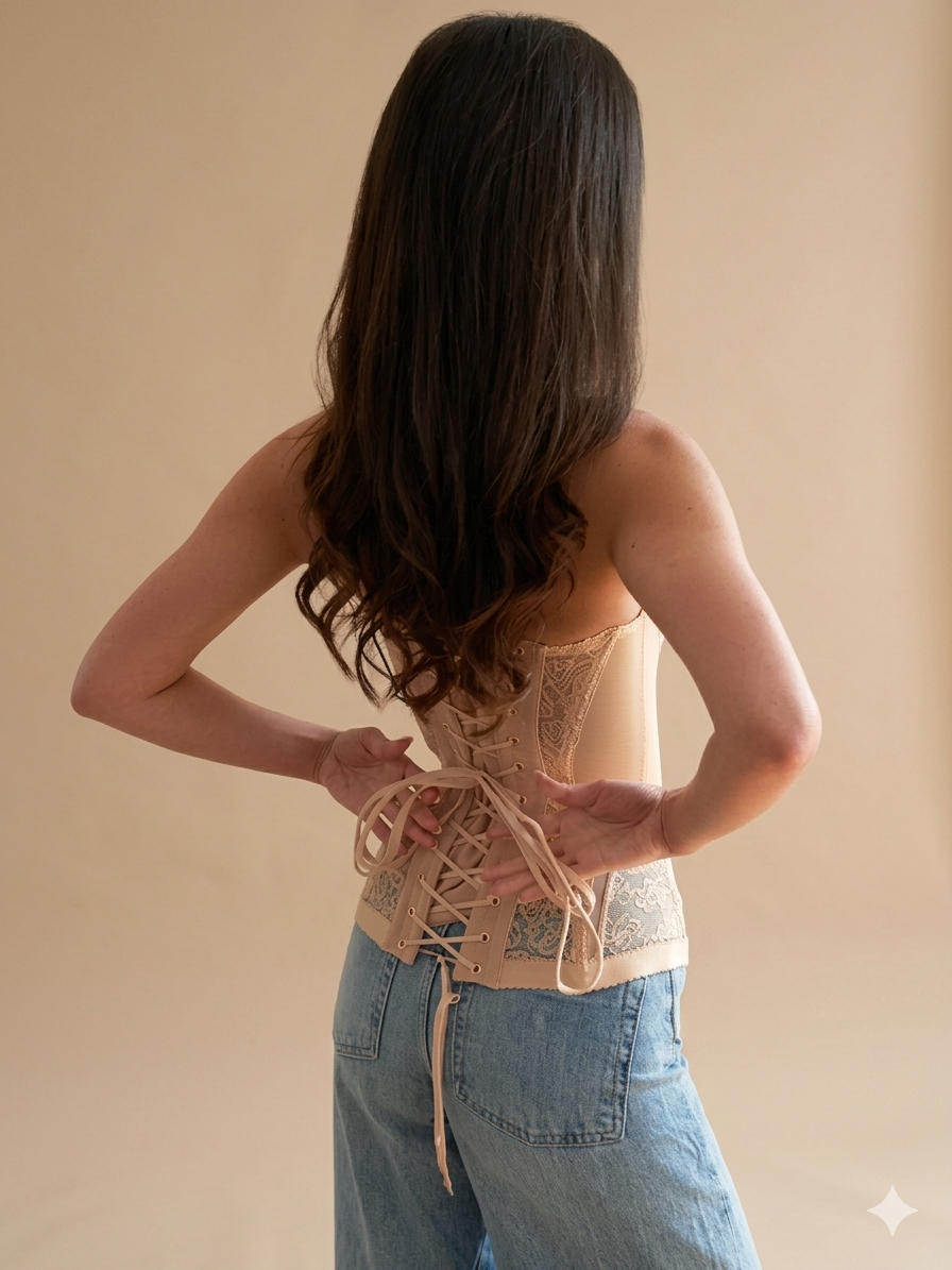 Woman wearing black strapless lace corset top
Structured floral lace corset front view
Strapless bustier side profile
Lace corset fabric detail close-up
Black corset styled with jeans
Elegant corset outfit inspiration
Back view structured corset
Lace corset night outfit