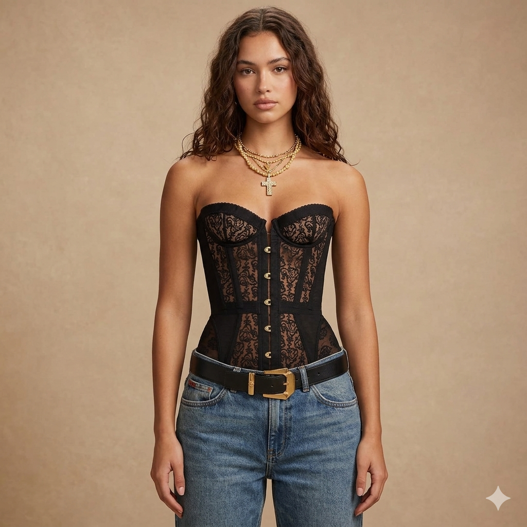 Woman wearing black strapless lace corset top
Structured floral lace corset front view
Strapless bustier side profile
Lace corset fabric detail close-up
Black corset styled with jeans
Elegant corset outfit inspiration
Back view structured corset
Lace corset night outfit