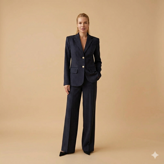women’s pinstripe suit set, tailored blazer and trousers set, women’s professional suit, elegant blazer set for women, office wear suit set, business casual women outfit, women’s matching blazer trousers, luxury women’s suit, oversized pinstripe blazer, high waisted tailored trousers, chic women’s co ord set, modern power suit women, sophisticated women’s fashion, women’s formal outfit set, ladies business suit, fashionable women’s tailoring, classy women’s blazer set, trendy women’s suit set, smart casual 