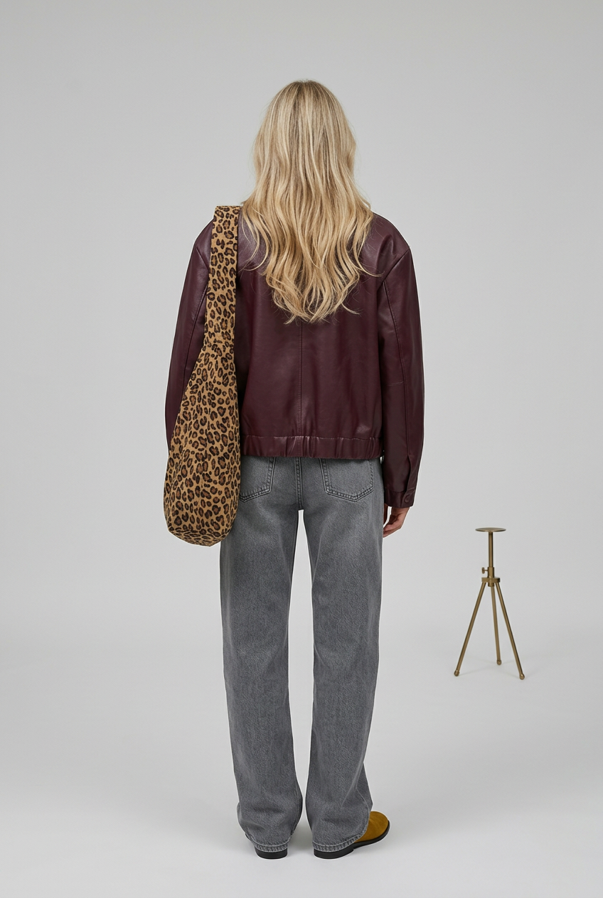 Wine red faux leather jacket alternate angle