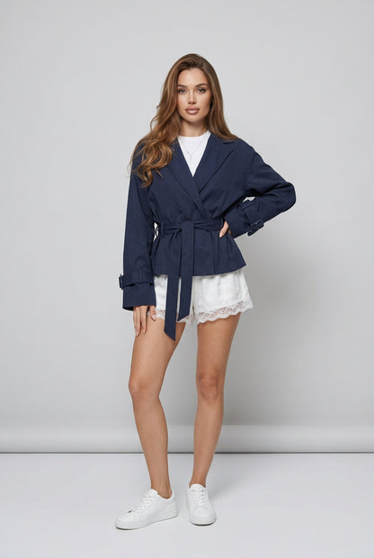 Women's belted cape-lapel jacket with a short tailored silhouette