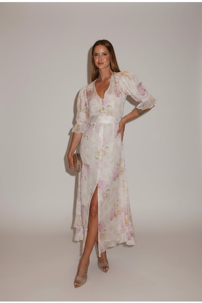 floral chiffon dress, ruffle midi dress, elegant floral dress, women's chiffon dress, V-neck floral dress, summer midi dress, vacation dress, wedding guest dress, romantic floral dress, European summer outfit, feminine midi dress, floral party dress, resort wear dress, date night dress, classy women's dress, lightweight chiffon dress, spring floral dress, elegant summer dress, garden party dress, boutique women's dress, stylish floral dress, side slit midi dress, flowy floral dress, luxury summer dress, chi