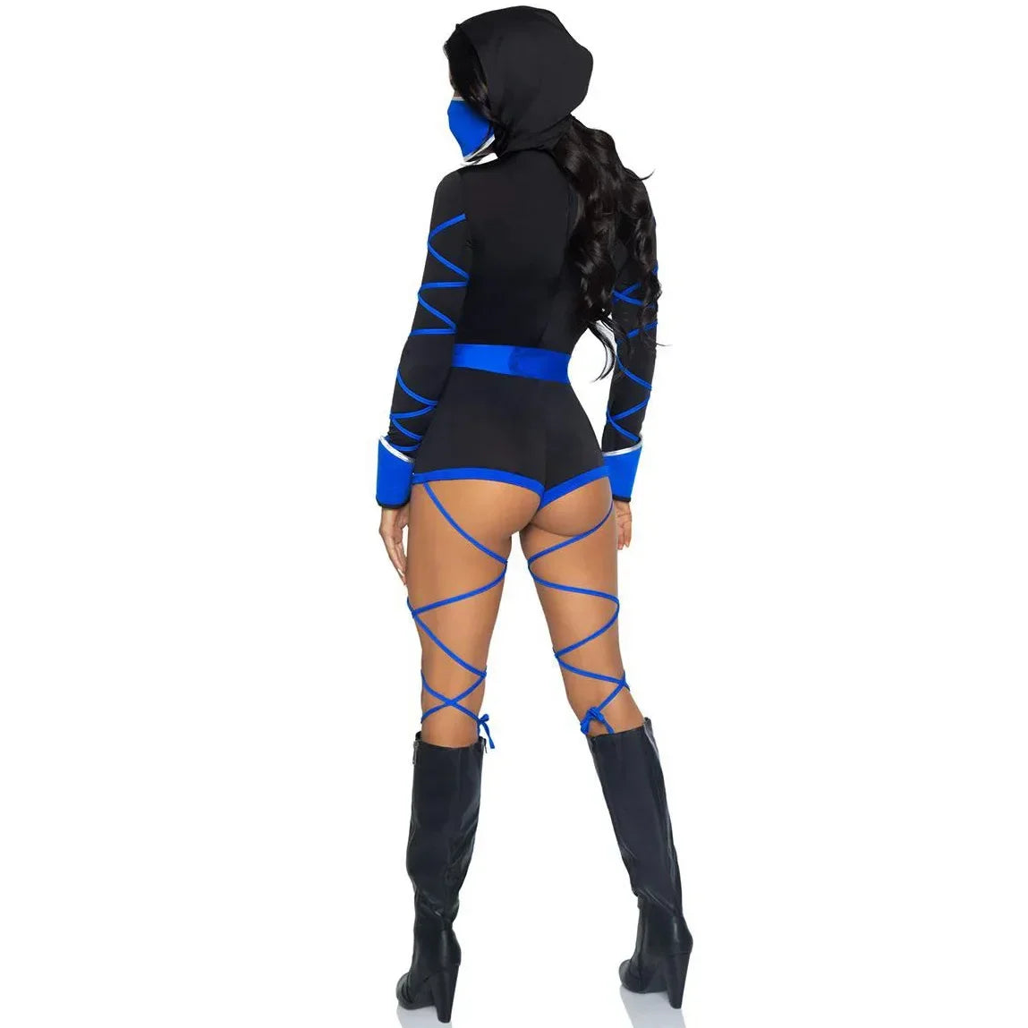Black and blue costume with a hood on a white background
