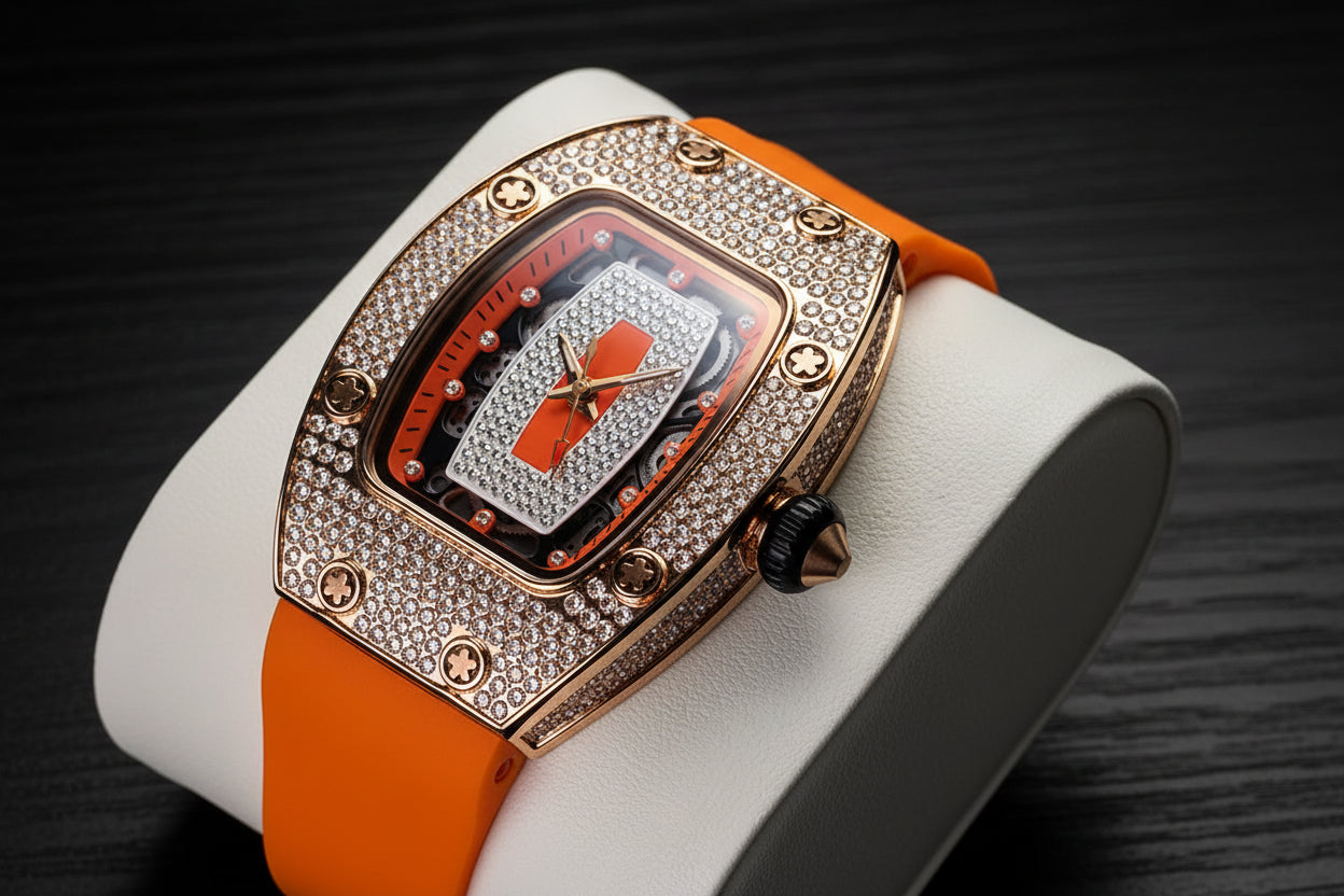 Luxury vortex iced out rubber strap wrist watch.