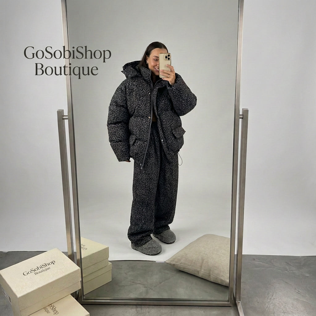 Women's coordinated puffer jacket and pants outfit in a relaxed fit