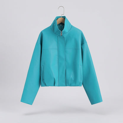 stand-collar faux-leather jacket product photo 10