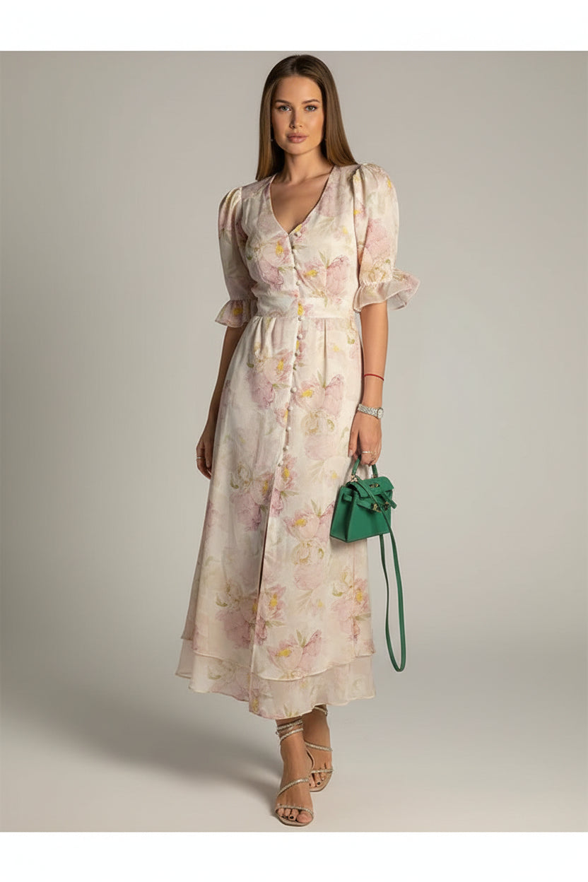 floral chiffon dress, ruffle midi dress, elegant floral dress, women's chiffon dress, V-neck floral dress, summer midi dress, vacation dress, wedding guest dress, romantic floral dress, European summer outfit, feminine midi dress, floral party dress, resort wear dress, date night dress, classy women's dress, lightweight chiffon dress, spring floral dress, elegant summer dress, garden party dress, boutique women's dress, stylish floral dress, side slit midi dress, flowy floral dress, luxury summer dress, chi