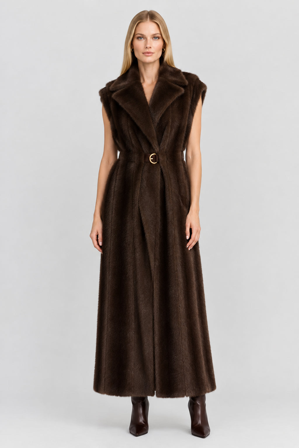 Longline faux fur vest with an elongated body and high collar