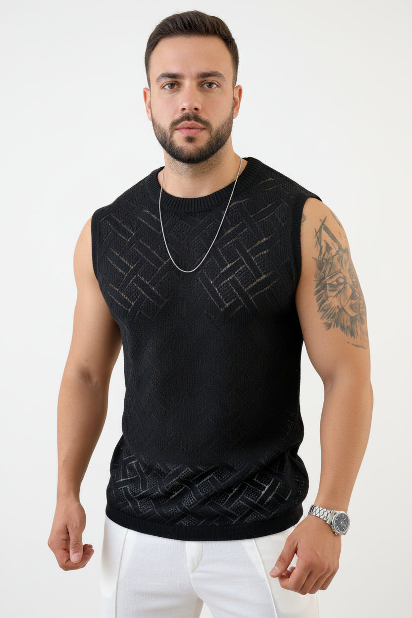 men's mesh tank top, mesh knit tank top, breathable tank top men, summer tank top men, lightweight tank top, men's gym tank top, hollow out tank top, men's sleeveless shirt, men's summer clothing, men's beach outfit, men's vacation wear, breathable knit vest, men's casual tank top, men's resort wear, athletic fit tank top