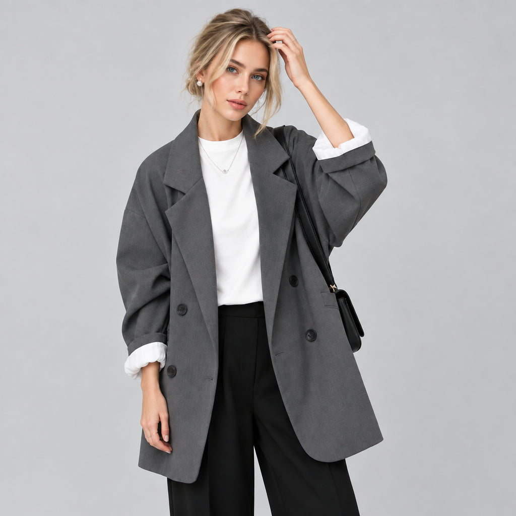 The Verona Blazer in green
The Verona Blazer in black
Women's oversized double-breasted blazer
The Verona Blazer with notched lapel
Green oversized women's blazer
Black oversized women's blazer
Women's blazer with drop shoulders and patch pockets
The Verona Blazer styled with denim
The Verona Blazer styled with trousers
Women's double-breasted blazer streetwear outfit