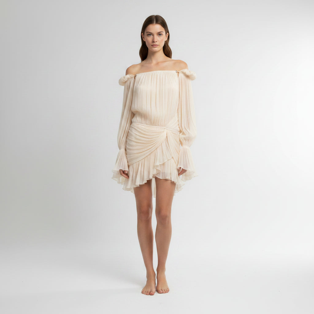 Missy pleated ruffled off-shoulder flared cuffs mini dress.