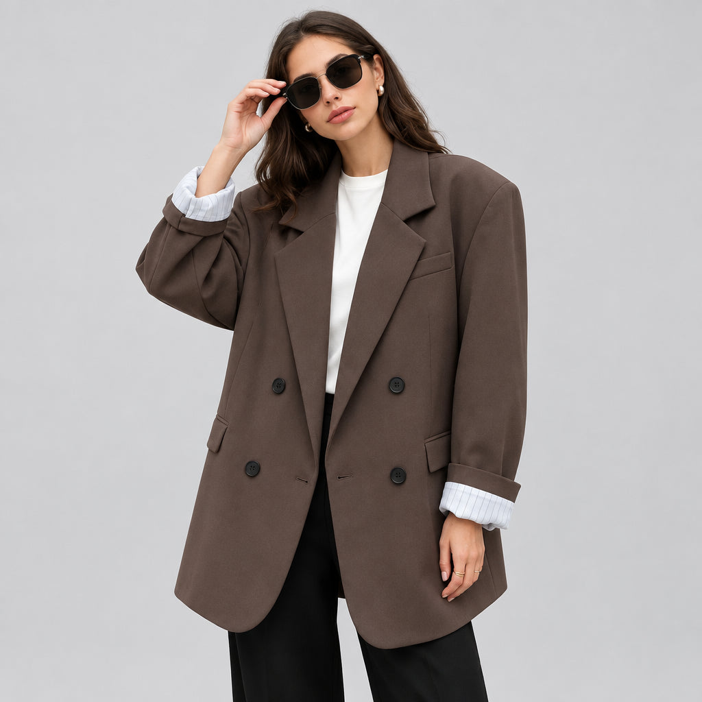 The Verona Blazer in green
The Verona Blazer in black
Women's oversized double-breasted blazer
The Verona Blazer with notched lapel
Green oversized women's blazer
Black oversized women's blazer
Women's blazer with drop shoulders and patch pockets
The Verona Blazer styled with denim
The Verona Blazer styled with trousers
Women's double-breasted blazer streetwear outfit