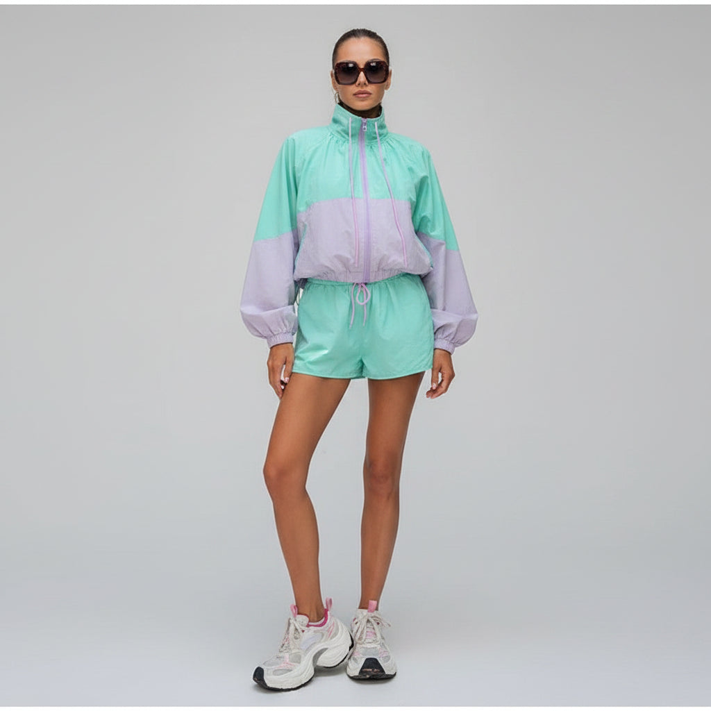 women's two piece shorts set, women's matching shorts set, color block two piece set, women's windbreaker set, women's jacket and shorts set, sporty two piece set women, women's summer outfit set, women's casual two piece outfit, women's athleisure set, women's streetwear set, matching jacket and shorts women, women's vacation outfit, women's travel outfit, women's weekend outfit, women's sporty outfit, women's casual set with shorts, color block outfit women, women's summer matching set, women's tracksuit 