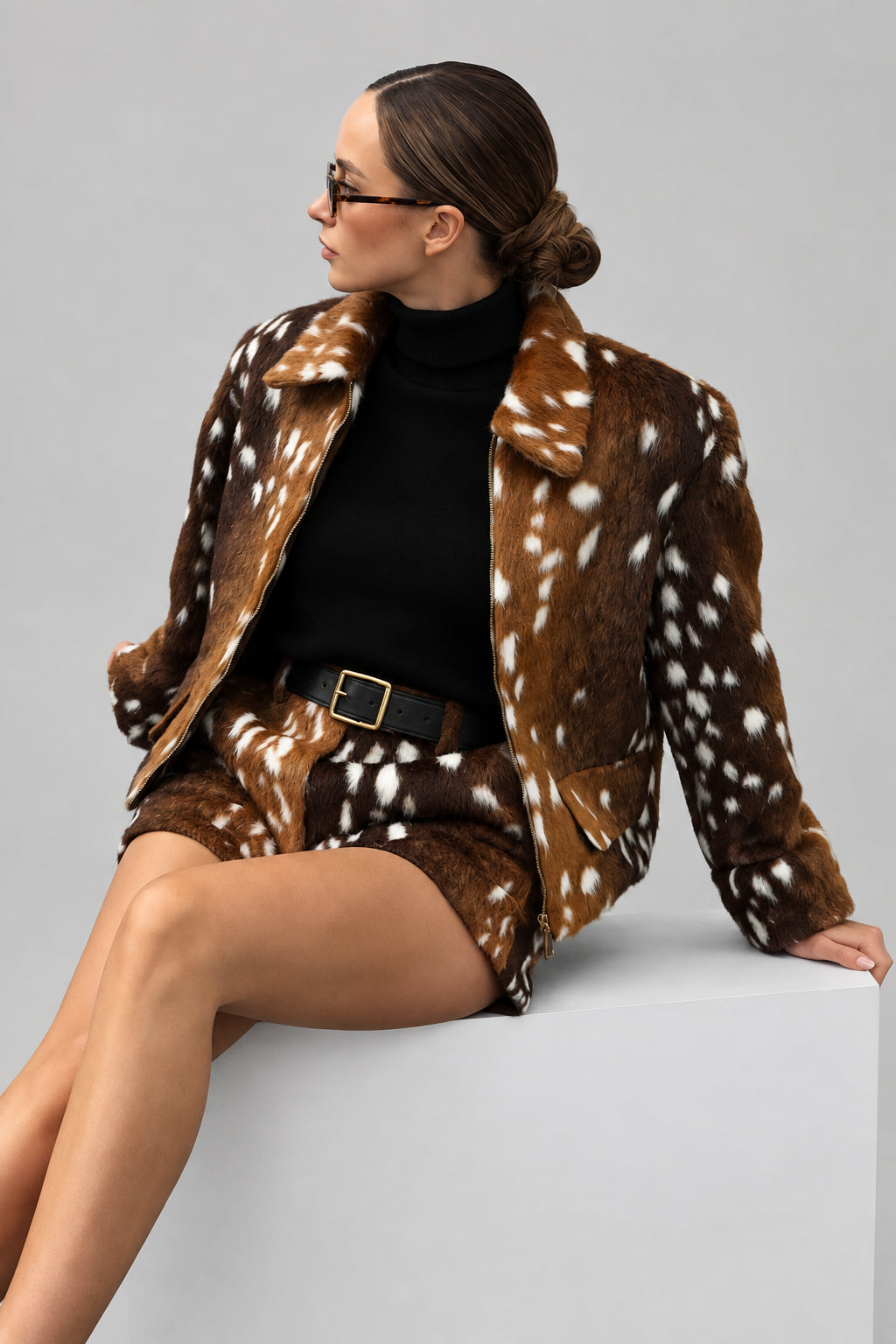 deer print jacket women, deer print coat women, deer print outfit women, deer print skirt set, faux fur deer print jacket, deer print faux fur coat, brown faux fur jacket women, spotted faux fur jacket, deer print suit women, matching jacket and skirt set, faux fur outfit women, statement fall jacket, women’s fall outerwear, women’s winter fashion