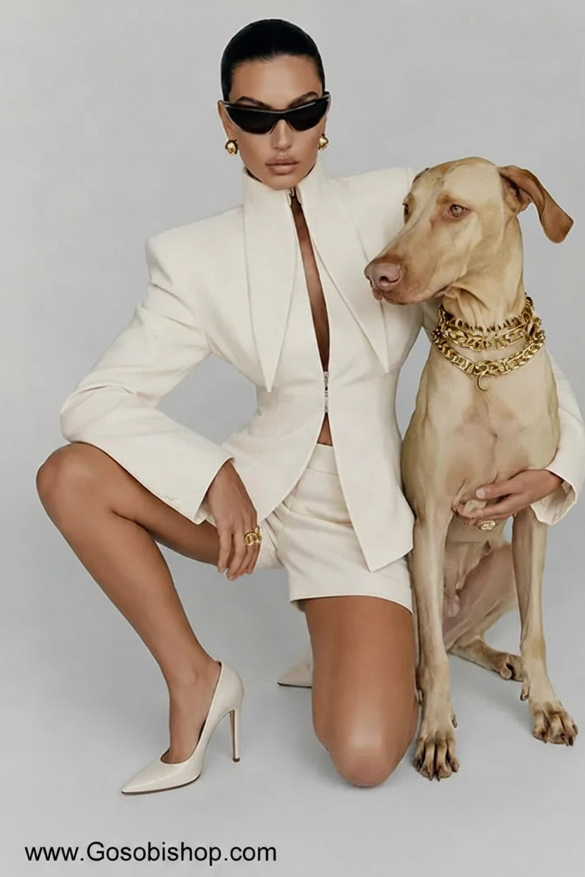 women's shorts suit, women's two piece suit, blazer shorts set women, tailored shorts set, women's blazer and shorts, two piece outfit women, elegant two piece set, women's tailored suit, shorts suit women, chic women's outfit, fall outfit women 2026, fall fashion 2026, women's blazer set, long sleeve blazer women, stand collar blazer, black shorts suit women, white shorts suit women, dinner outfit women, brunch outfit women, date night outfit women, business casual women, elegant women's fashion