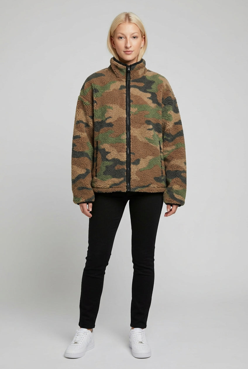 Women's camo teddy jacket styled for cool-weather layering