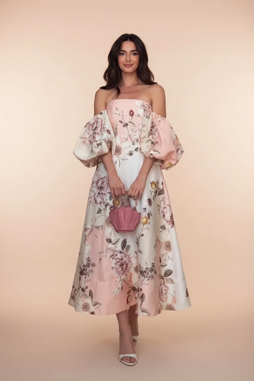 High-Neck Floral Midi Dress – Belted Waist & Bell Sleeve Occasion Dress
