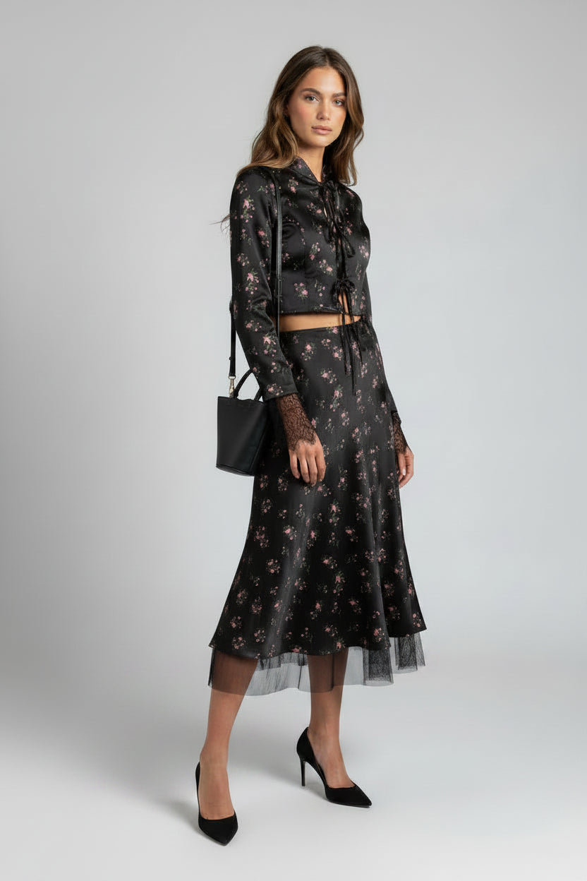 floral two piece set, women's floral skirt set, floral matching set women, women's two piece outfit, floral top and skirt set, long sleeve skirt set, V neck two piece set, women's evening outfit, elegant skirt set women, women's party outfit, date night outfit women, floral evening outfit, matching skirt and top, women's formal evening outfit, slim fit skirt set, floral party outfit, women's autumn outfit, stylish two piece set, black floral skirt set, women's occasion outfit