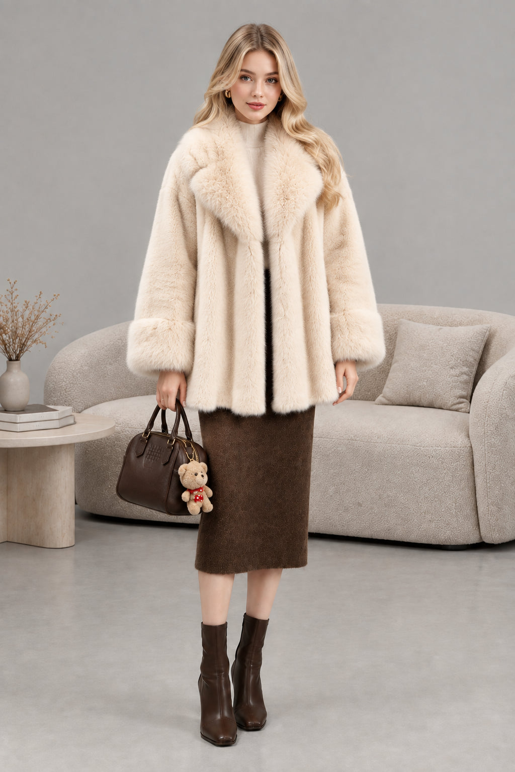 Beige women's outerwear coat front view